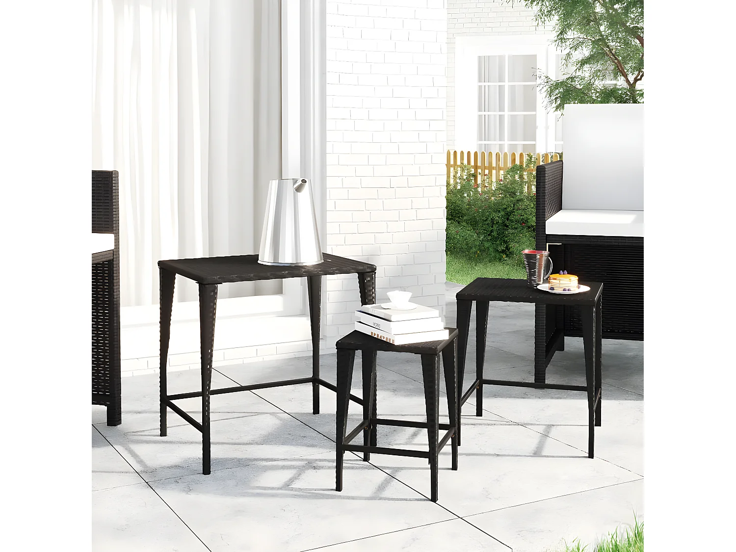 Tables gigognes 3 pcs noir résine tressée