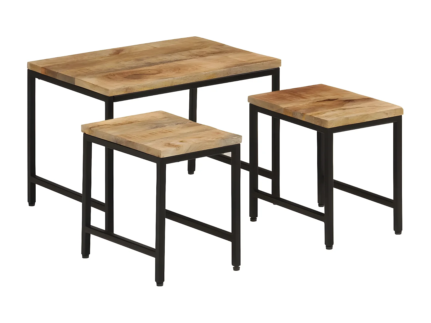 Tables basses gigognes 3pcs bois de manguier massif brut et fer