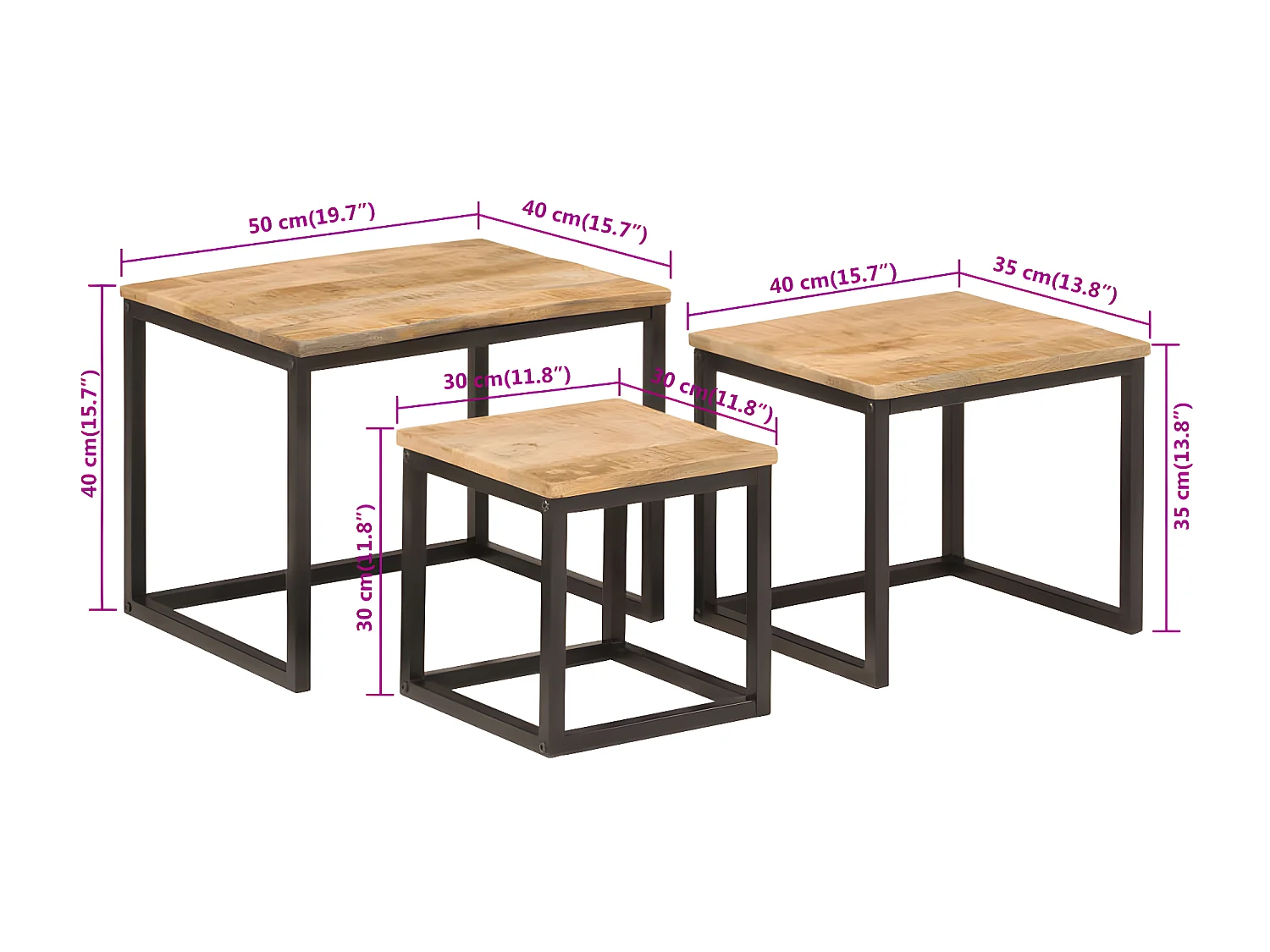 Tables basses gigognes 3 pcs bois massif de manguier et fer