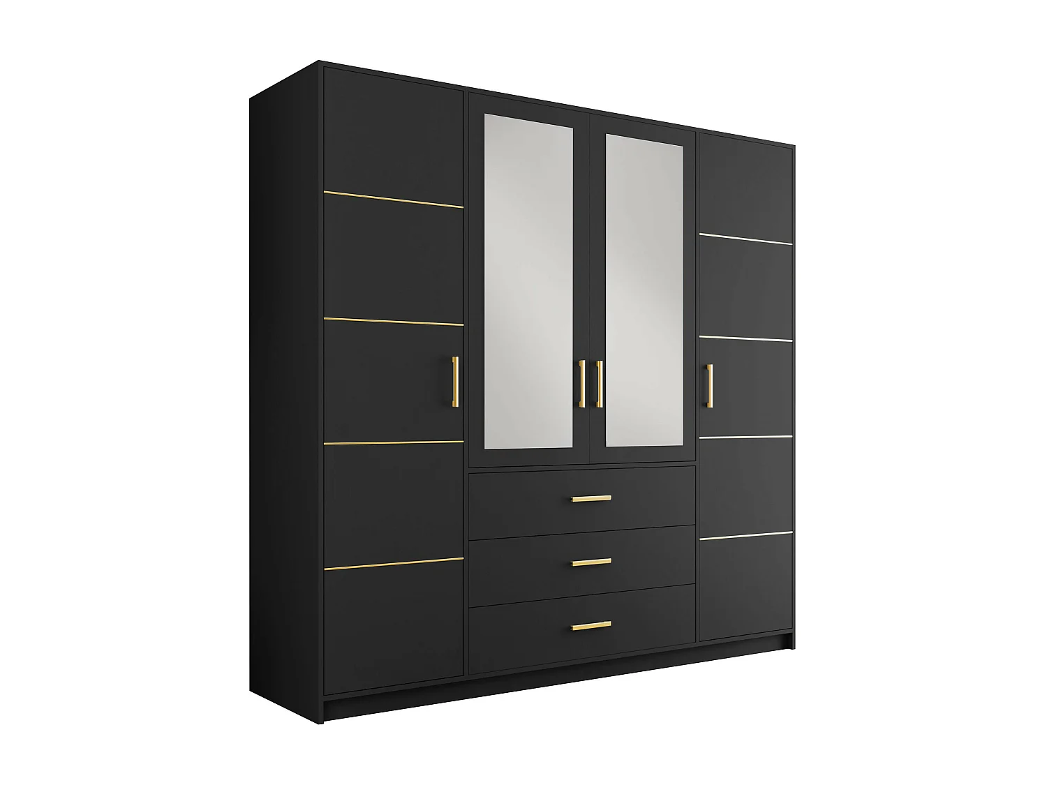 Armoire 4 portes et 3 tiroirs - Avec miroirs - L196 - Noir et doré - MONLIO
