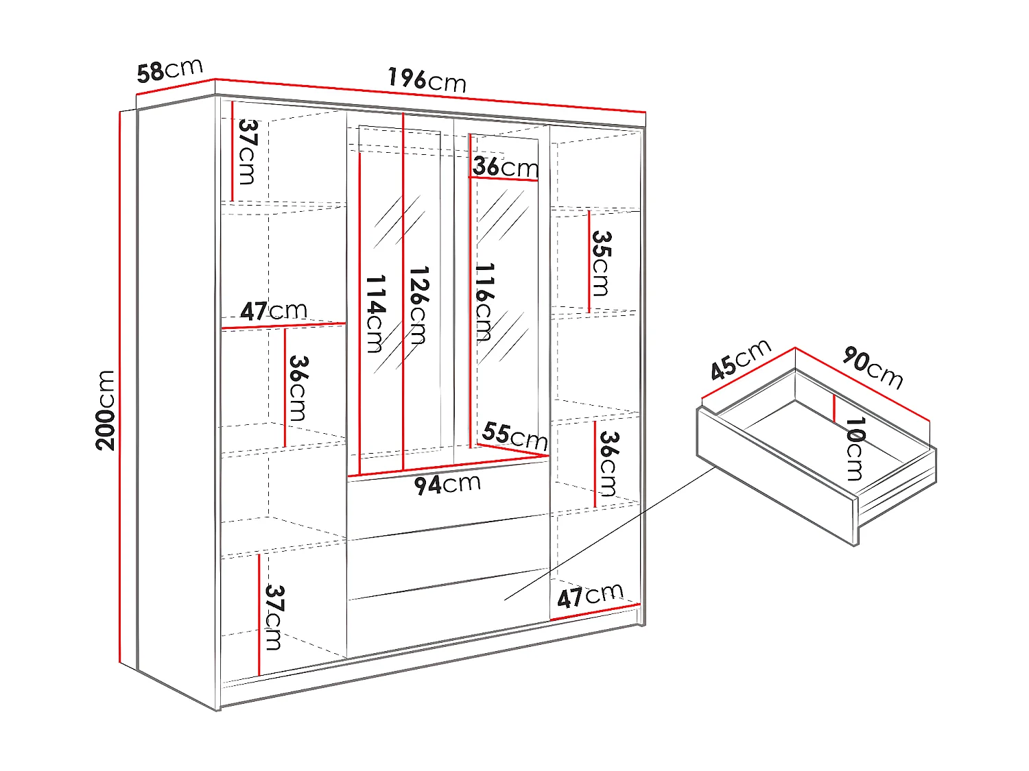 Armoire 4 portes et 3 tiroirs - Avec miroirs - L196 - Noir et doré - MONLIO
