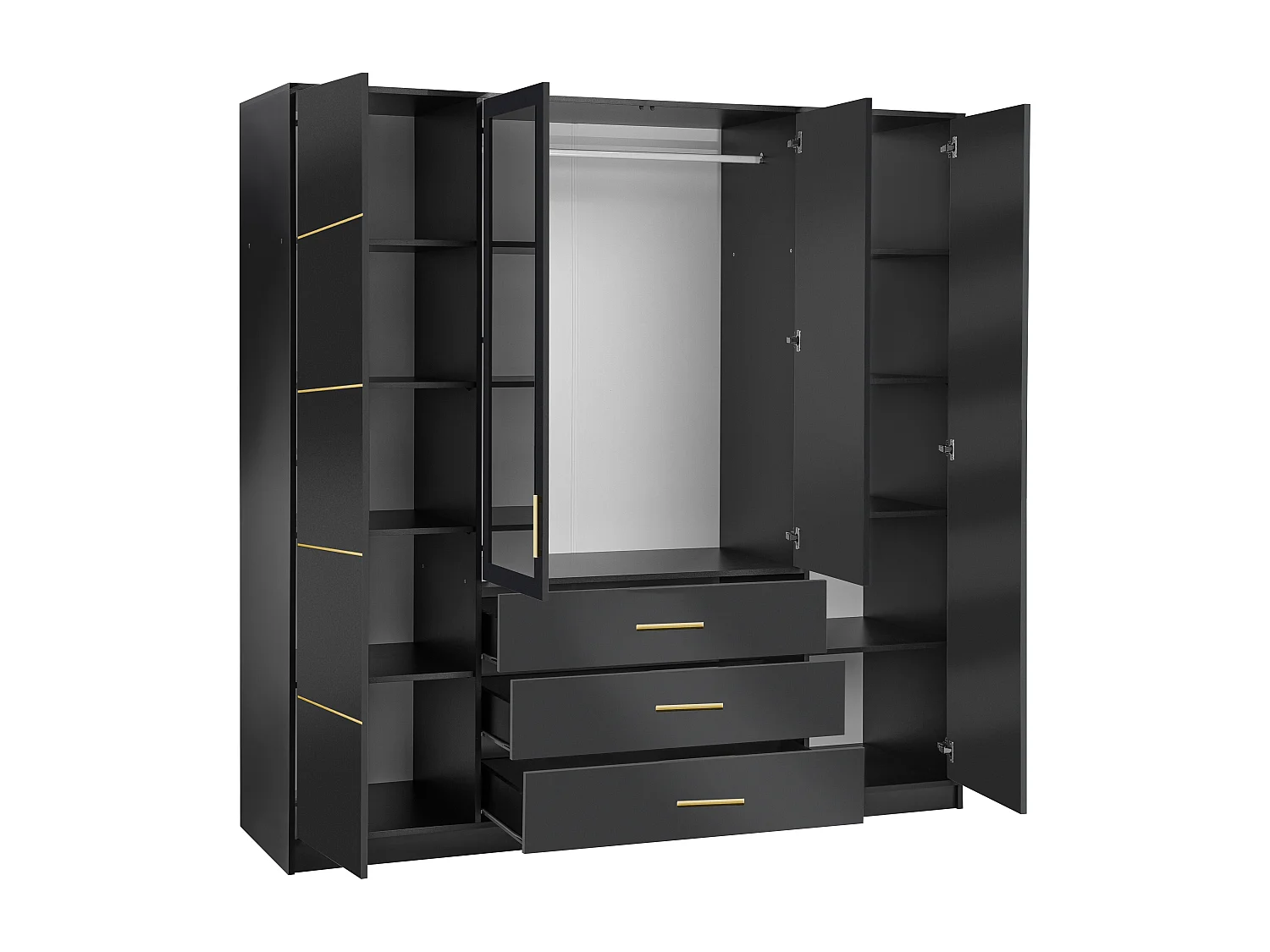 Armoire 4 portes et 3 tiroirs - Avec miroirs - L196 - Noir et doré - MONLIO