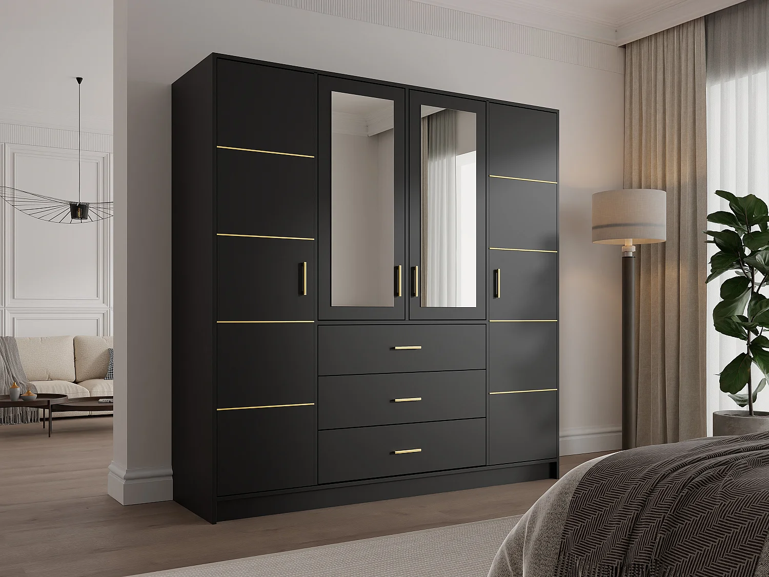 Guarda-roupa 4 portas e 3 gavetas, com espelhos, C196 cm preto e dourado - MONLIO