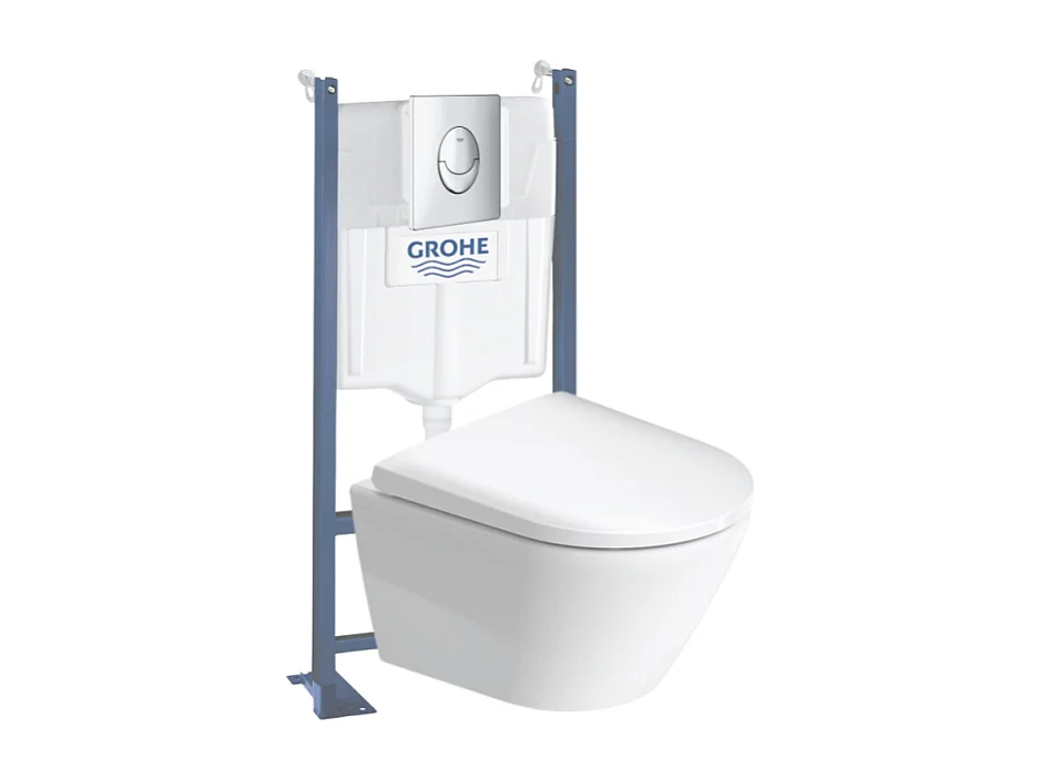 Pack WC suspendu sans bride compact DURAVIT D-Neo + bâti support GROHE Rapid SL Projet + abattant + plaque chromé