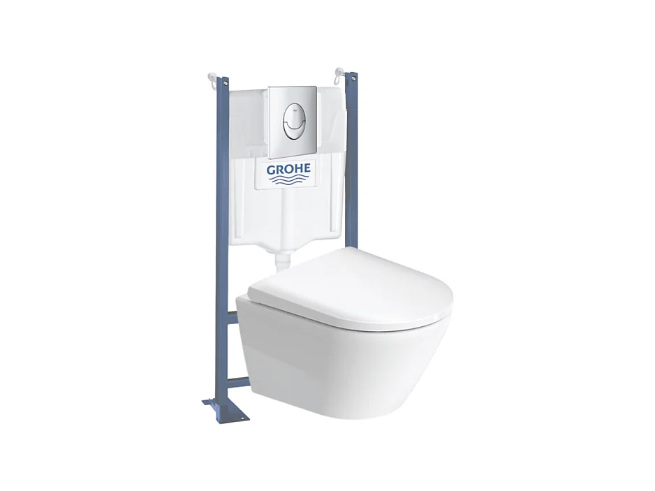 Pack WC suspendu sans bride compact DURAVIT D-Neo + bâti support GROHE Rapid SL Projet + abattant + plaque chromé