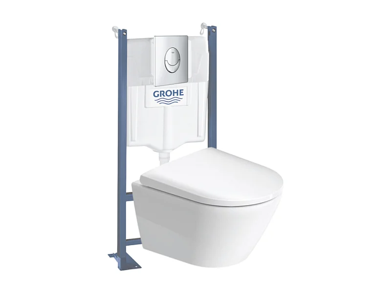 Pack WC suspendu sans bride compact DURAVIT D-Neo + bâti support GROHE Rapid SL Projet + abattant + plaque chromé