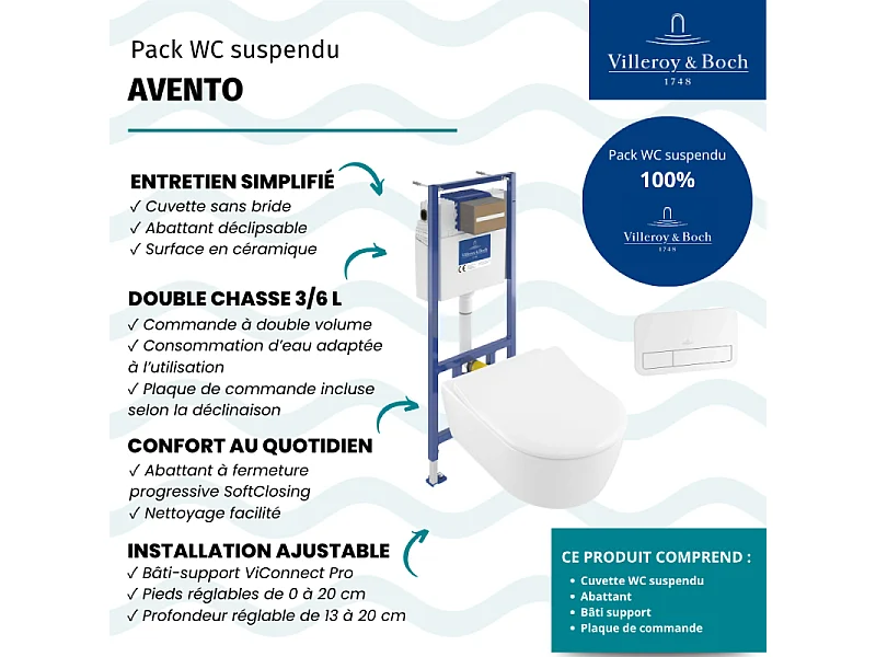 Pack WC suspendu sans bride VILLEROY ET BOCH Avento + abattant + bâti-support sol et mur + plaque blanche