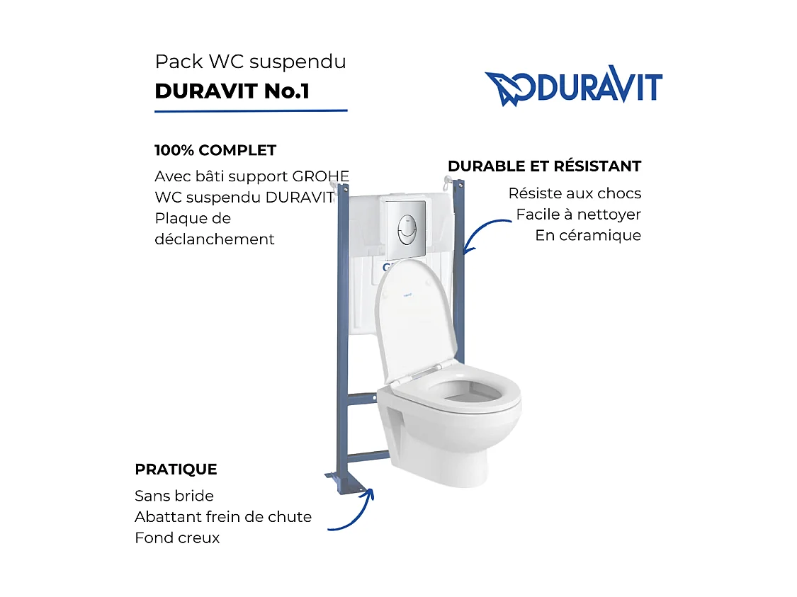 Pack WC suspendu sans bride compact DURAVIT Duravit No.1 + bâti support GROHE Rapid SL Projet + abattant + plaque chromé
