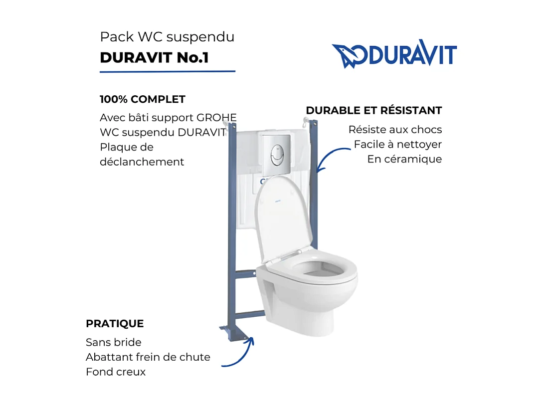 Pack WC suspendu sans bride compact DURAVIT Duravit No.1 + bâti support GROHE Rapid SL Projet + abattant + plaque chromé