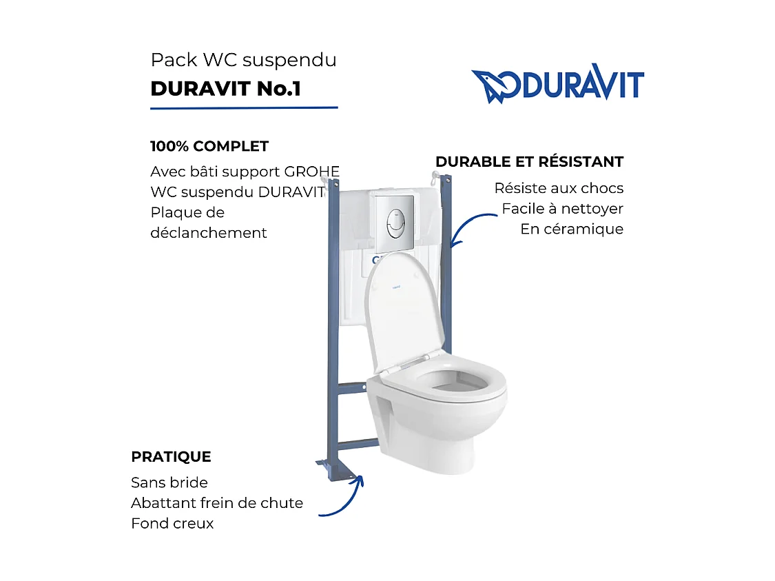 Pack WC suspendu sans bride compact DURAVIT Duravit No.1 + bâti support GROHE Rapid SL Projet + abattant + plaque chromé