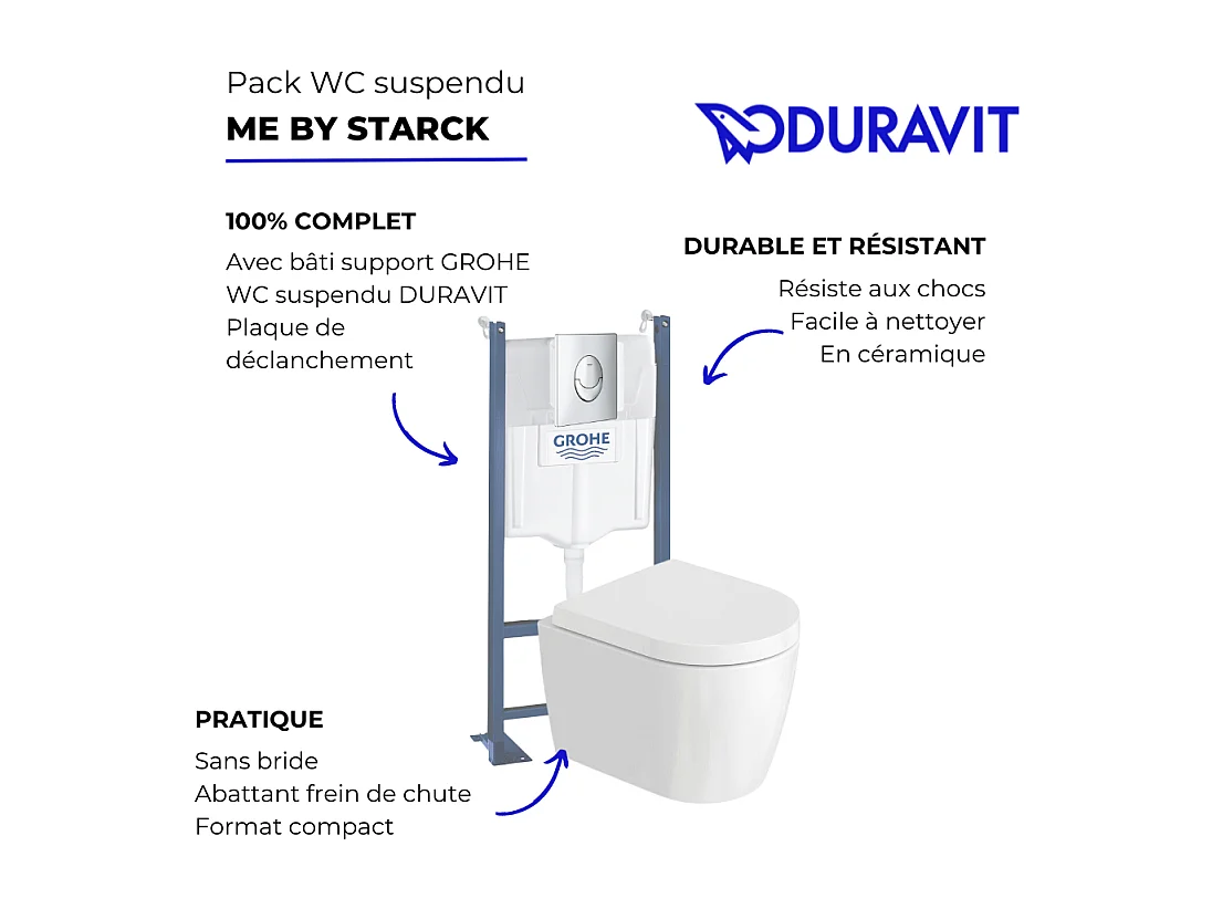 Pack WC suspendu sans bride compact DURAVIT Me by Starck + bâti support GROHE Rapid SL Projet + abattant + plaque noir mat