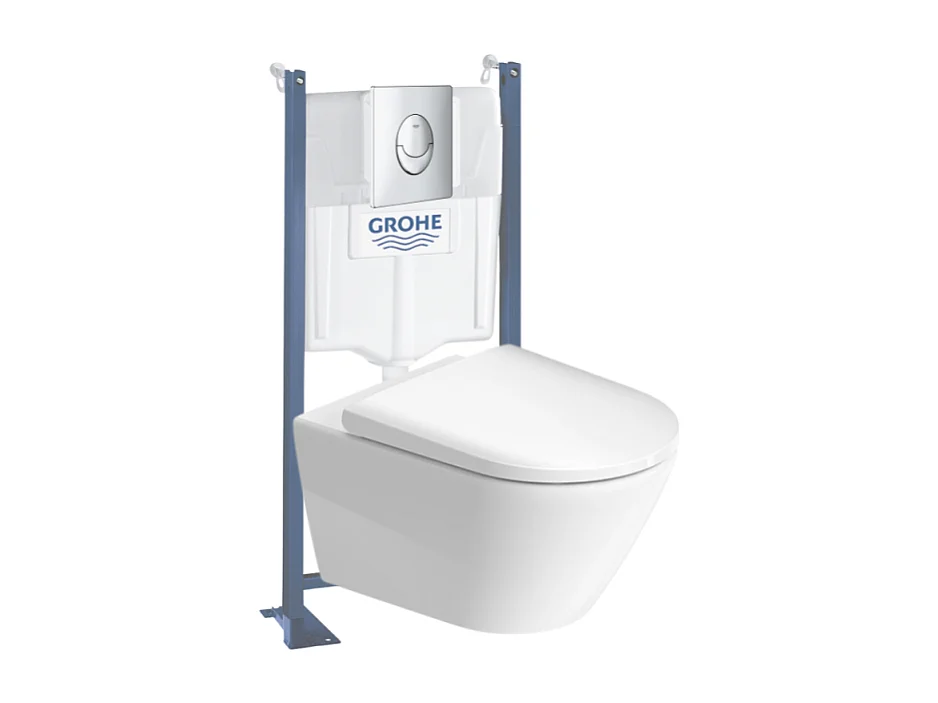 Pack WC suspendu sans bride DURAVIT D-Neo + bâti support GROHE Rapid SL Projet + abattant + plaque chromé