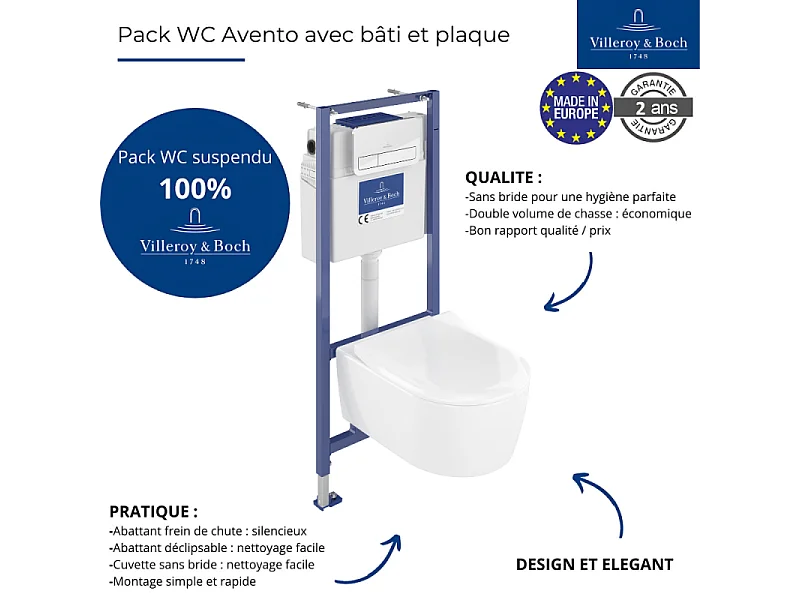 Pack WC suspendu sans bride VILLEROY ET BOCH Avento + Bâti support ViConnect Pro + abattant frein de chute + plaque chromée