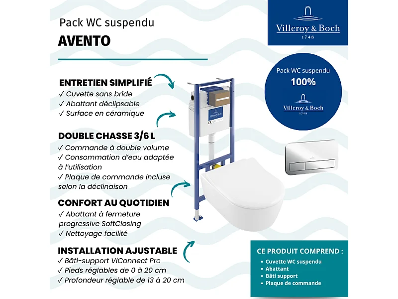 Pack WC suspendu sans bride VILLEROY ET BOCH Avento + abattant + bâti-support sol et mur + plaque chromée