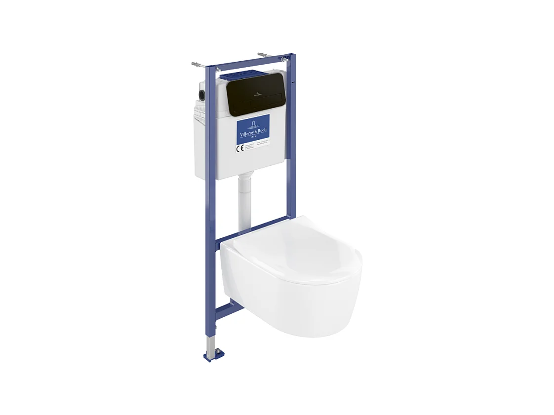 Pack WC suspendu sans bride VILLEROY ET BOCH Avento + Bâti support ViConnect Pro + abattant frein de chute + plaque noir mat