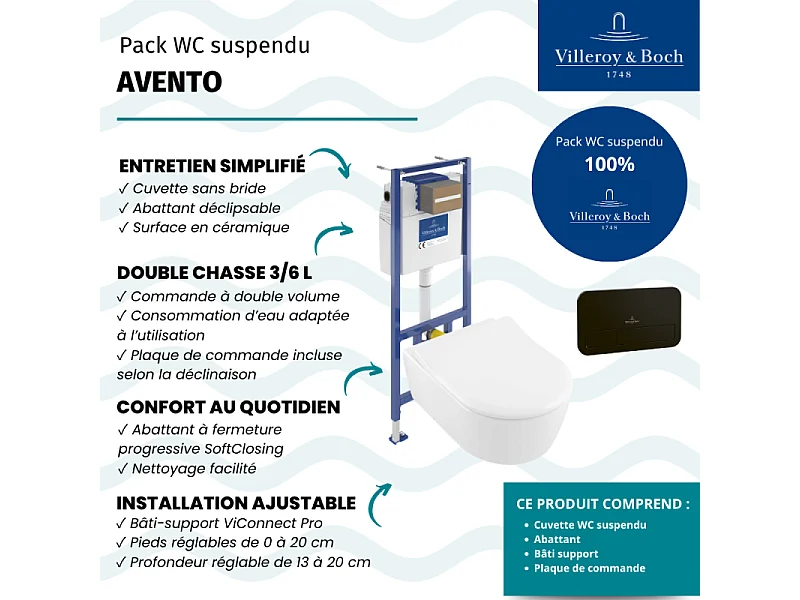 Pack WC suspendu sans bride VILLEROY ET BOCH Avento + abattant + bâti-support sol et mur + plaque noire mate