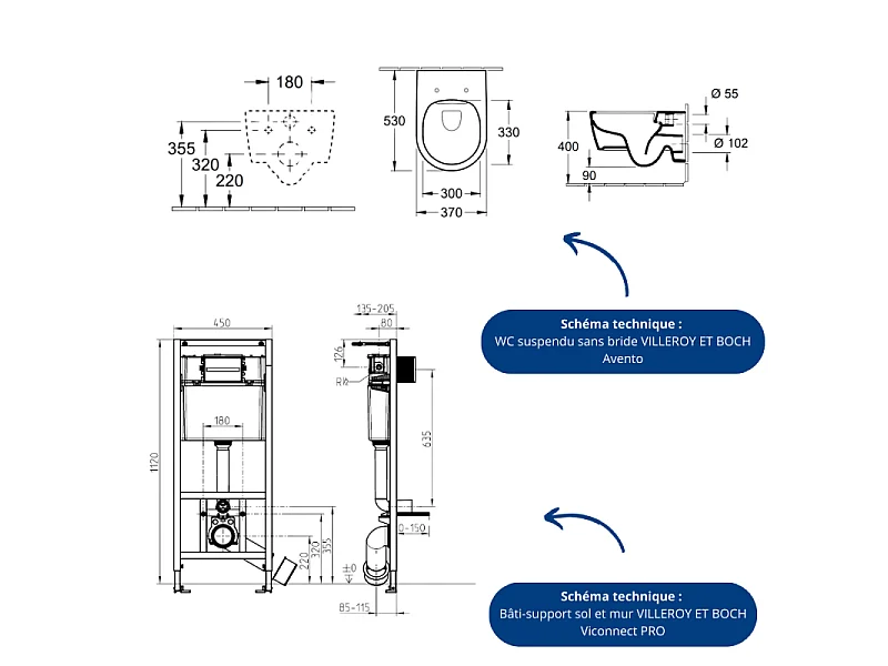 Pack WC suspendu sans bride VILLEROY ET BOCH Avento + abattant + bâti-support sol et mur + plaque noire mate