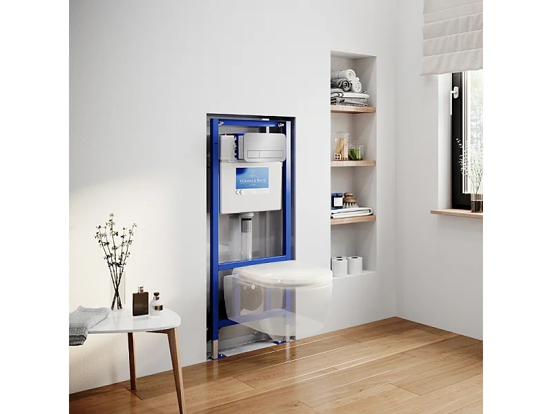 Pack WC suspendu sans bride VILLEROY ET BOCH Avento + abattant + bâti-support sol et mur + plaque noire mate