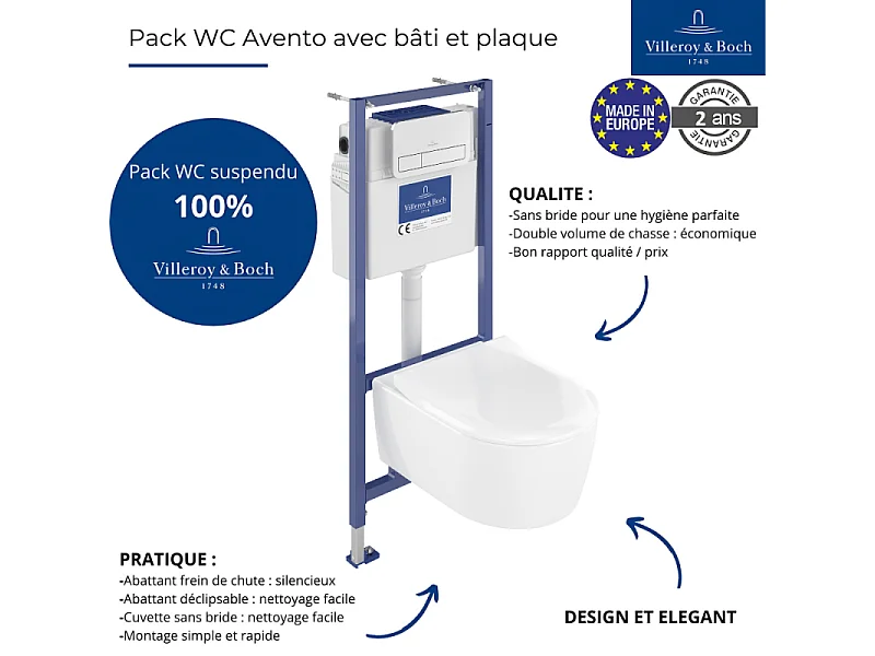 Pack WC suspendu sans bride VILLEROY ET BOCH Avento + Bâti support ViConnect Pro + abattant frein de chute + plaque chromée mat