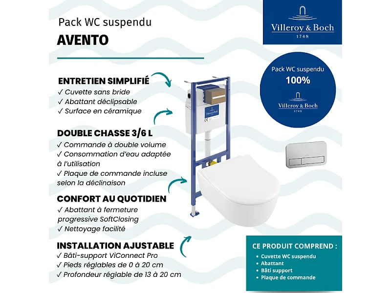 Pack WC suspendu sans bride VILLEROY ET BOCH Avento + abattant + bâti-support sol et mur + plaque chromée mate