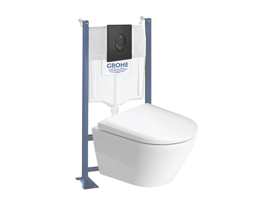 Pack WC suspendu sans bride compact DURAVIT D-Neo + bâti support GROHE Rapid SL Projet + abattant + plaque noir mat