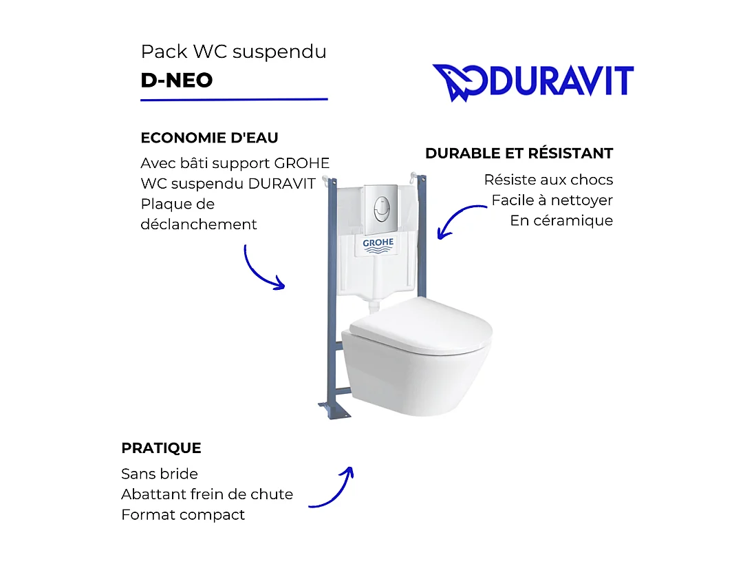Pack WC suspendu sans bride compact DURAVIT D-Neo + bâti support GROHE Rapid SL Projet + abattant + plaque noir mat