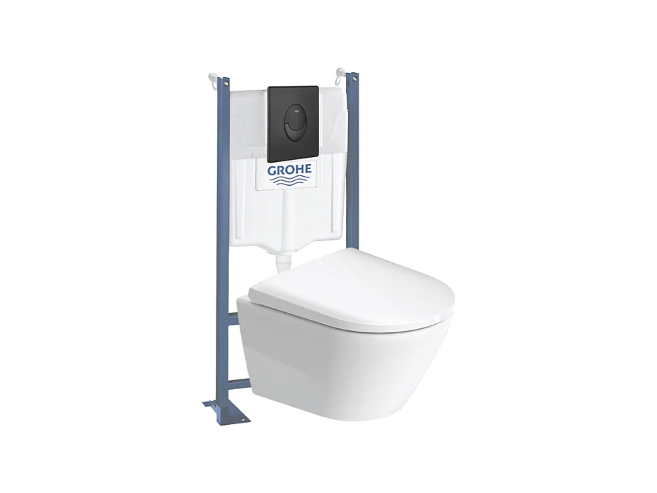 Pack WC suspendu sans bride compact DURAVIT D-Neo + bâti support GROHE Rapid SL Projet + abattant + plaque noir mat