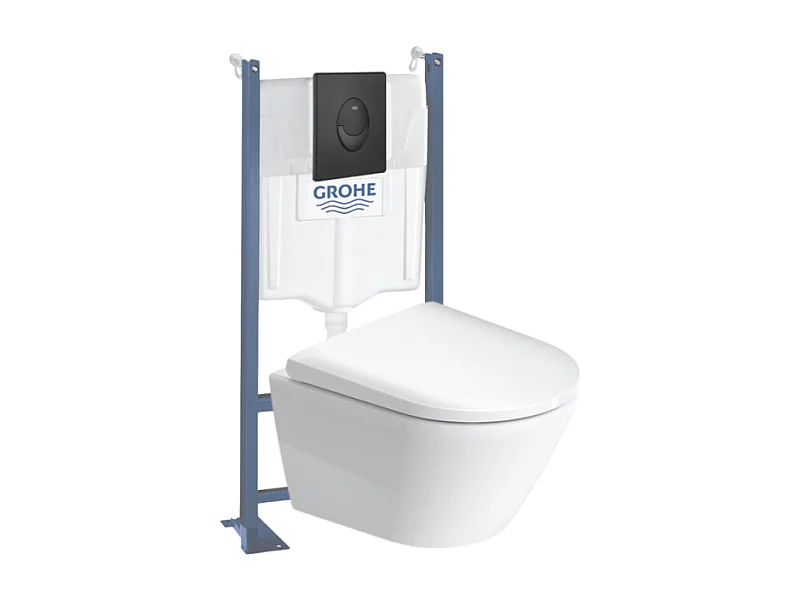 Pack WC suspendu sans bride compact DURAVIT D-Neo + bâti support GROHE Rapid SL Projet + abattant + plaque noir mat