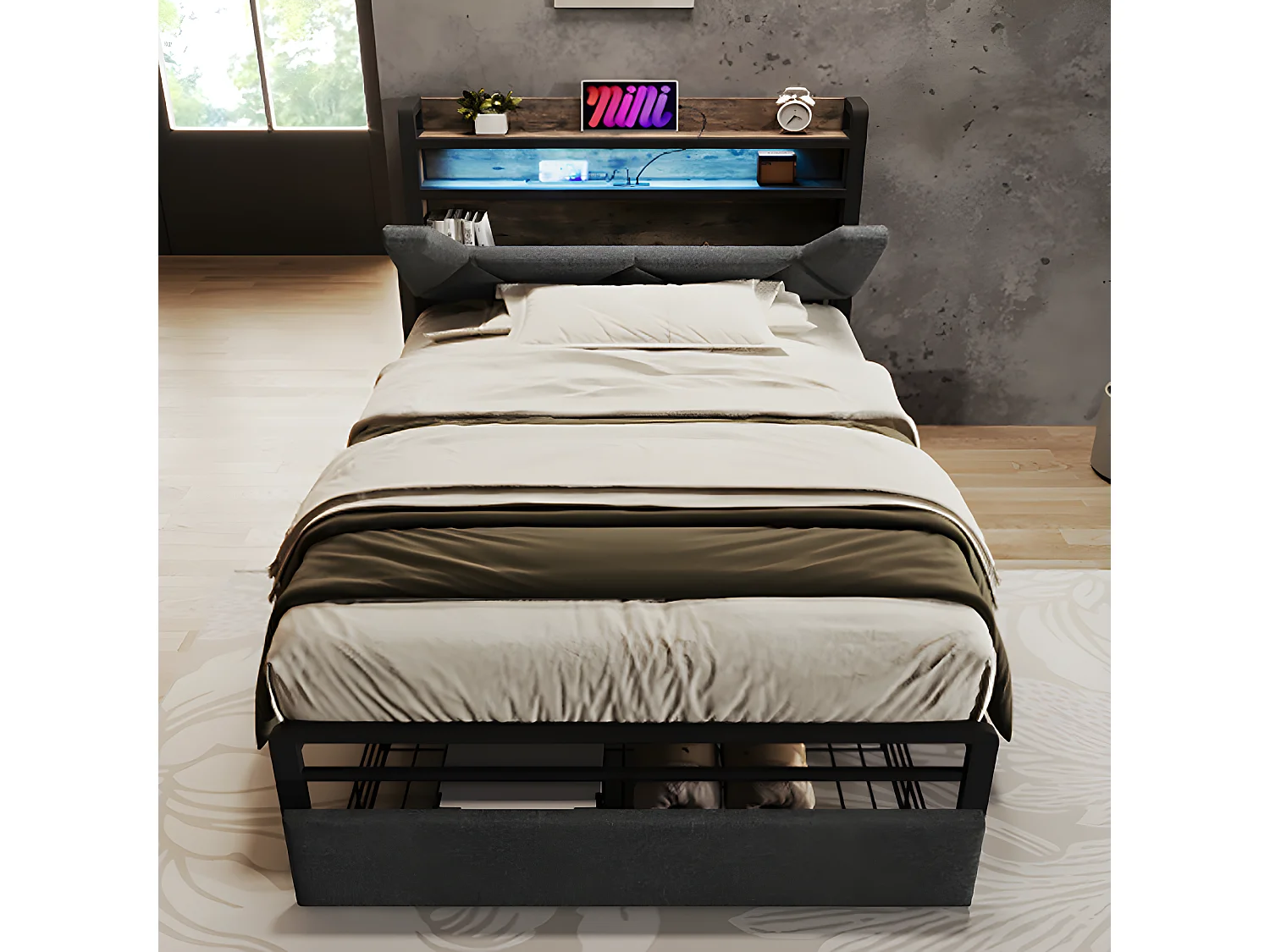 Lit adulte Lit avec tiroirs Lit rembourré avec fonction de chargement USB Type C Lit simple 90x200 cm avec sommier à lattes en métal Gris Avec matelas