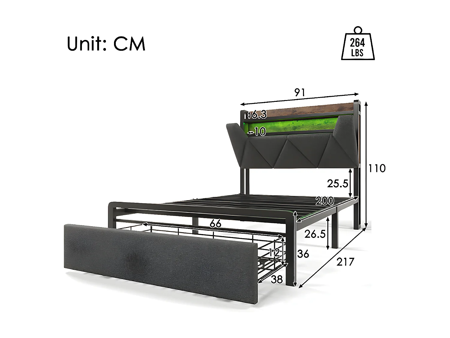 Lit adulte Lit avec tiroirs Lit rembourré avec fonction de chargement USB Type C Lit simple 90x200 cm avec sommier à lattes en métal Gris Avec matelas