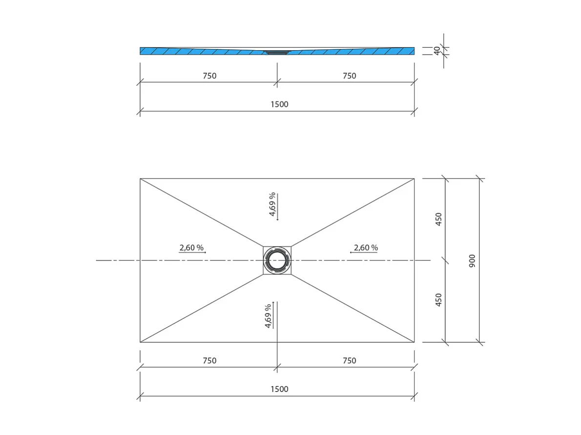 Receveur de douche à carreler 150 x 100 WEDI Fundo Primo rectangle écoulement centré + kit d'étancheité