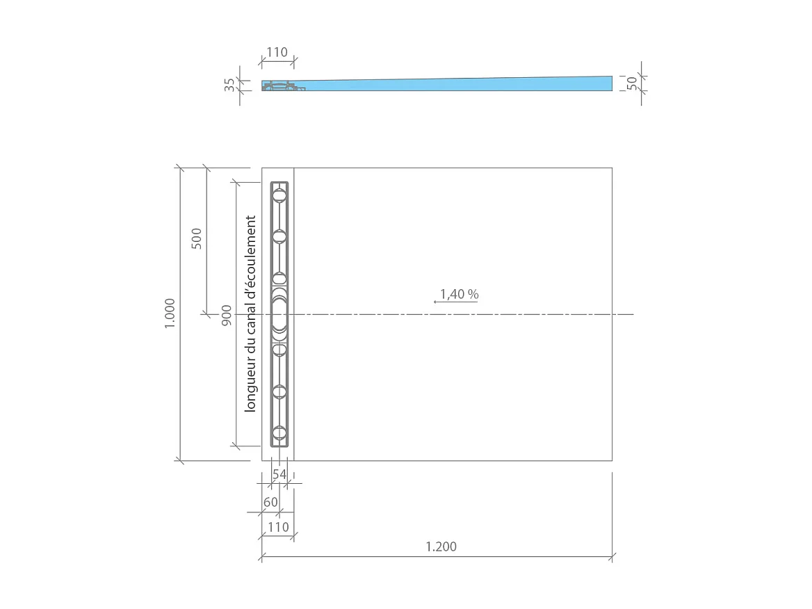 Receveur de douche à carreler 120 x 100 cm WEDI Fundo Riolito Neo avec écoulement horizontal + barrette de finition 70 cm