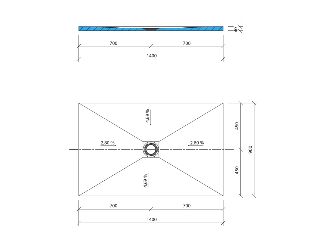 Receveur de douche à carreler 140 x 90 WEDI Fundo Primo rectangle écoulement centré + bonde horizontale