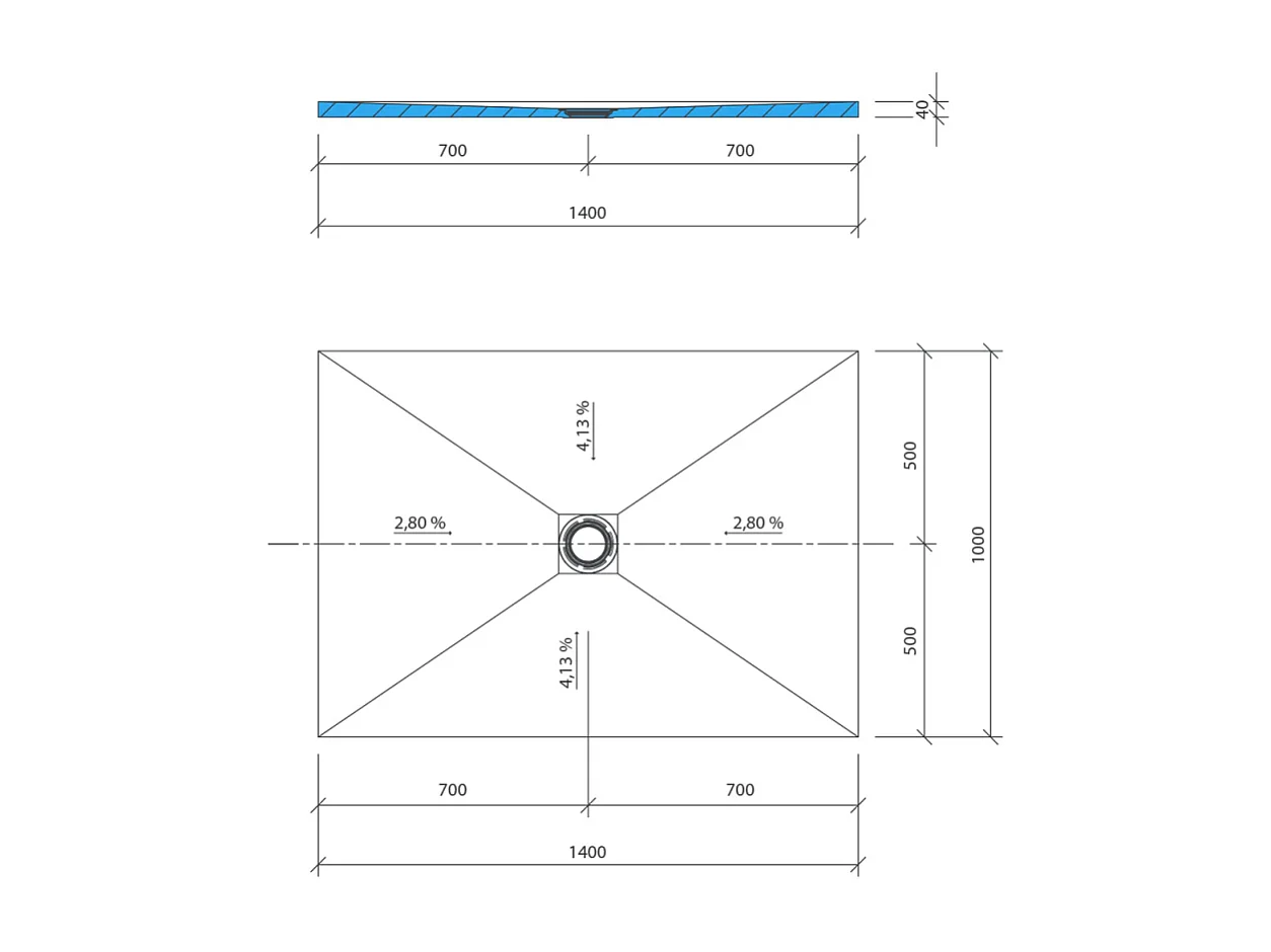 Receveur de douche à carreler 140 x 100 WEDI Fundo Primo rectangle écoulement centré + bonde verticale