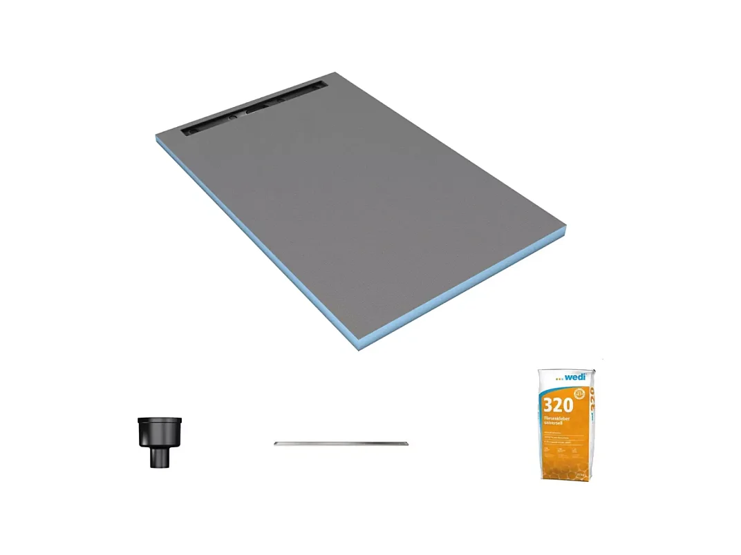 Receveur de douche à carreler 120 x 100 cm WEDI Fundo Riolito Neo écoulement vertical + barrette de finition 70 cm + colle 320