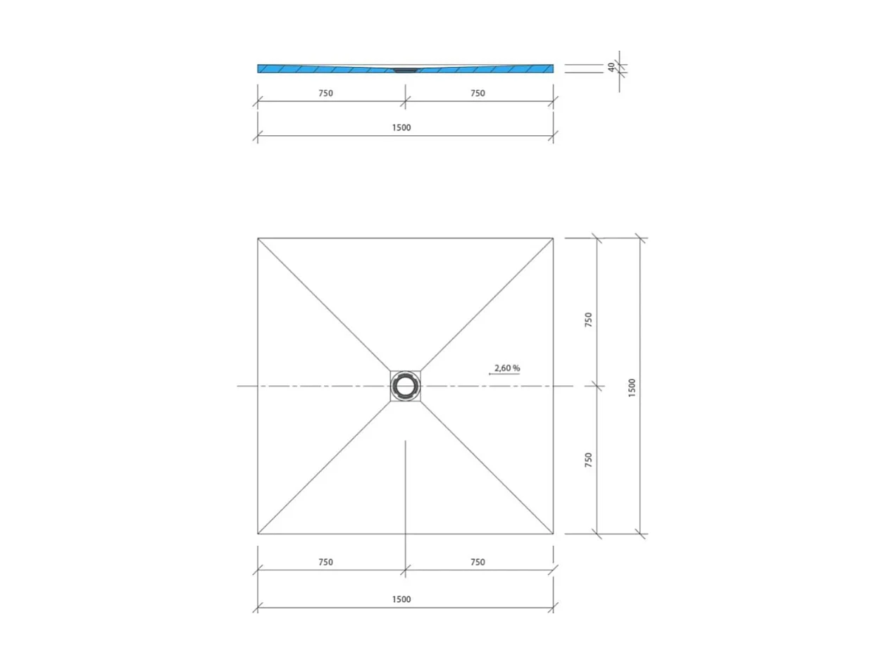 Receveur de douche à carreler 150 x 150 WEDI Fundo Primo carré écoulement centrée + bonde verticale