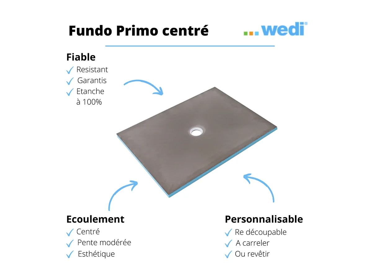 Receveur de douche à carreler 90 x 90 WEDI Fundo Primo carré écoulement centrée + bonde verticale