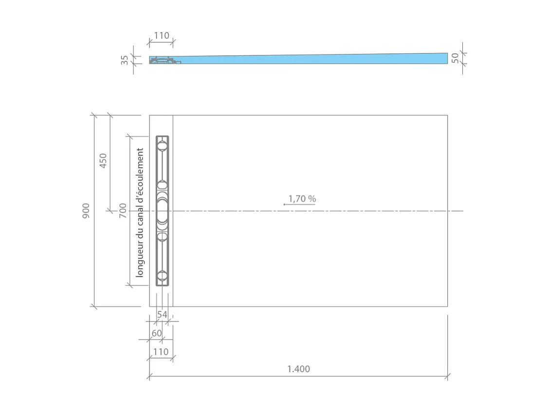 Receveur de douche à carreler 140 x 90 cm WEDI Fundo Riolito Neo écoulement horizontal + barrette de finition 70 cm + colle 320