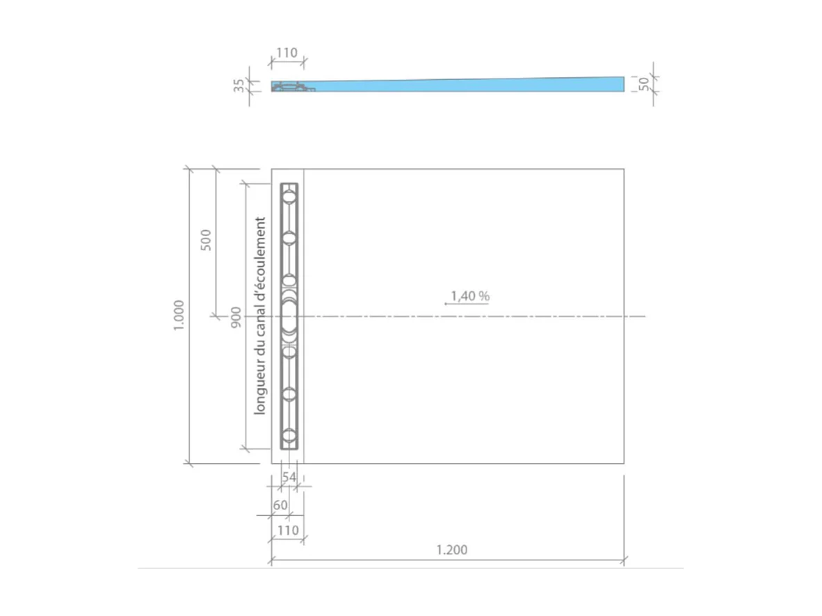 Receveur de douche à carreler 120 x 100 cm WEDI Fundo Riolito Neo + bonde verticale + barrette de finition