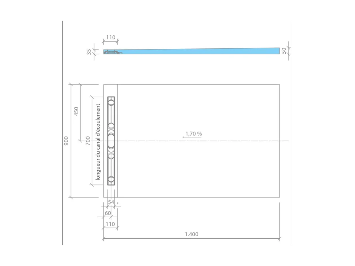 Receveur de douche à carreler 140 x 90 cm WEDI Fundo Riolito Neo + bonde horizontale + barrette de finition
