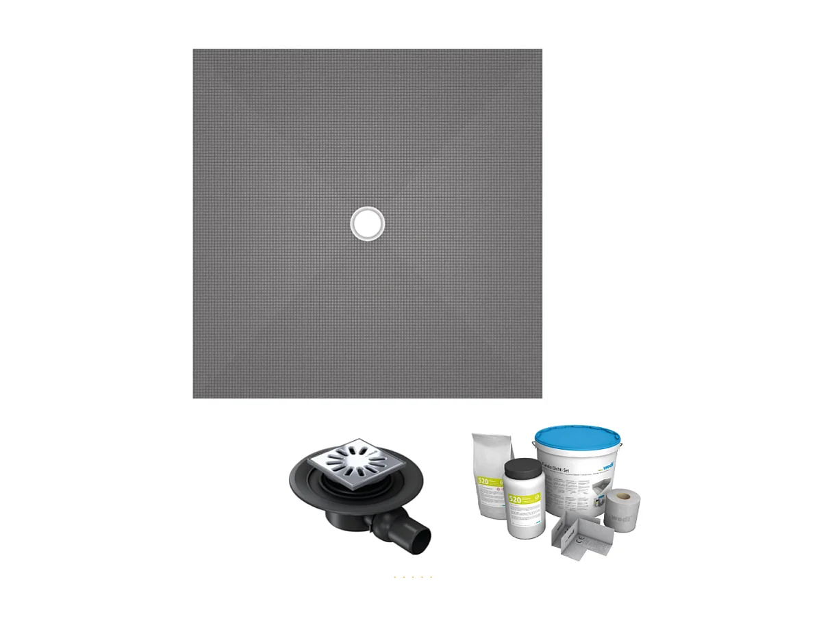 Receveur de douche à carreler 100 x 100 WEDI Fundo Primo carré écoulement centrée + bonde horizontale + kit d'étancheité