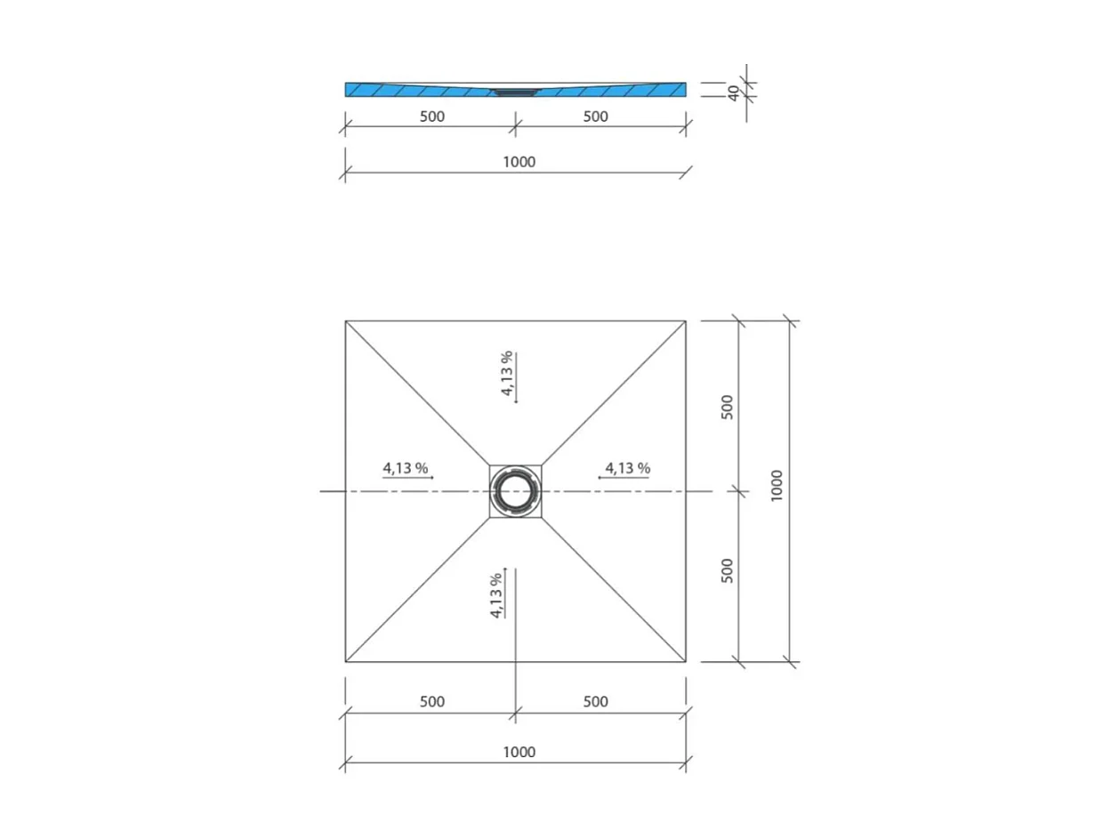 Receveur de douche à carreler 100 x 100 WEDI Fundo Primo carré écoulement centrée + bonde horizontale + kit d'étancheité