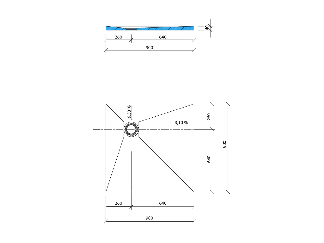 Receveur de douche à carreler 90 x 90 WEDI Fundo Primo carré écoulement excentré + kit d'étancheité