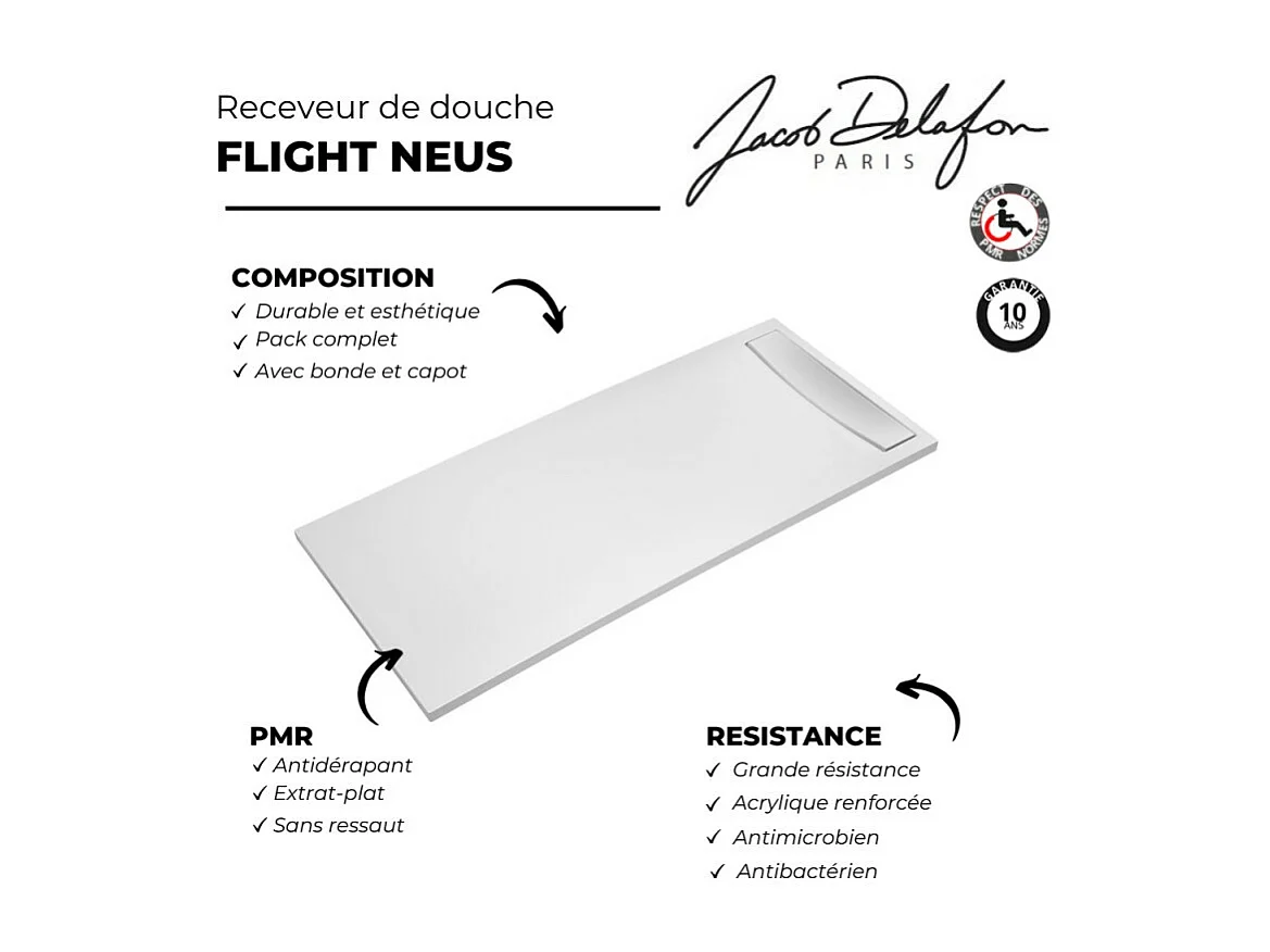 Pack receveur de douche antidérapant 120 x 90 JACOB DELAFON Flight Neus rectangle blanc+Kit d'étanchéité WEDI + Bonde + Capot