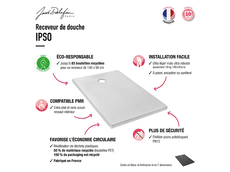 Pack receveur de douche 80 x 80 JACOB DELAFON Ipso carré gris anthracite + Kit d'étanchéité WEDI