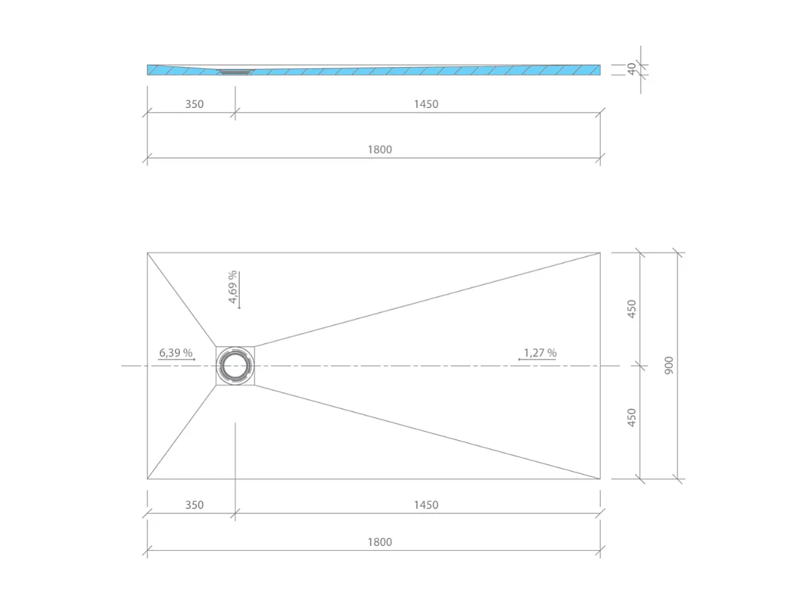Receveur de douche à carreler 120 x 90 WEDI Fundo Primo rectangle écoulement excentré + bonde horizontale