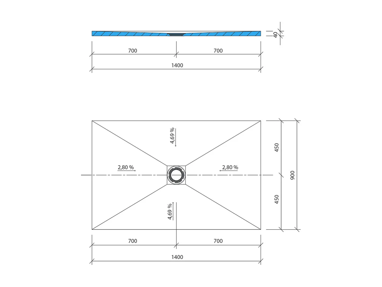 Receveur de douche à carreler 140 x 90 WEDI Fundo Primo rectangle écoulement centré + bonde verticale