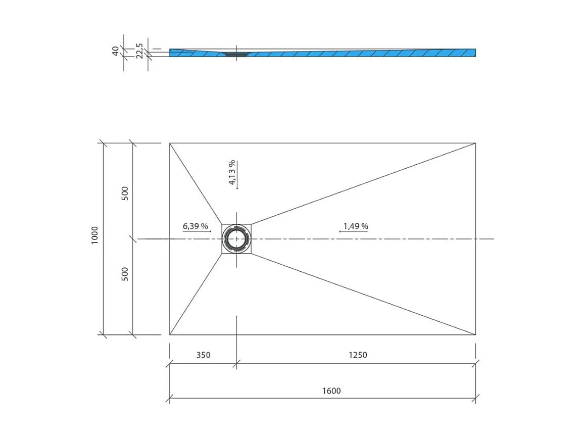 Receveur de douche à carreler 160 x 100 WEDI Fundo Primo rectangle écoulement excentré + bonde verticale