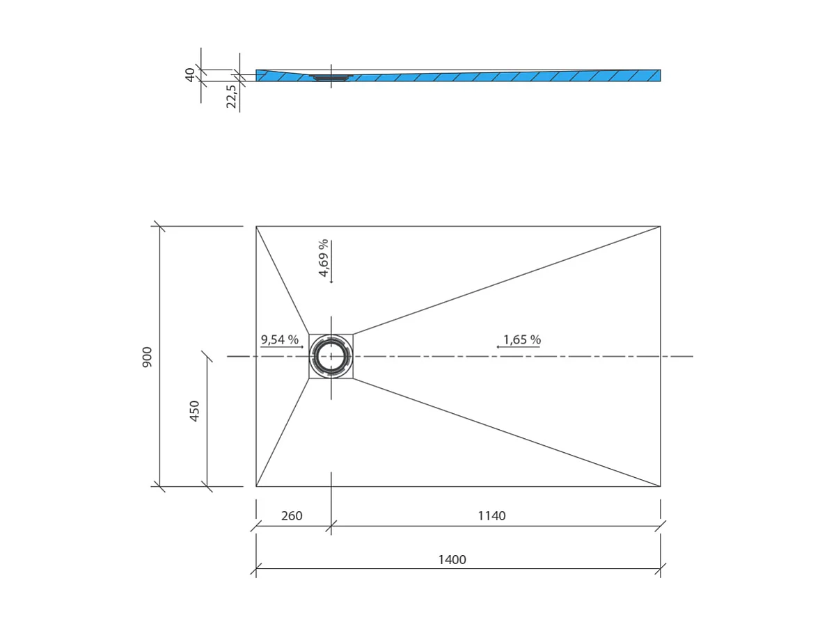 Receveur de douche à carreler 140 x 90 WEDI Fundo Primo rectangle écoulement excentré + bonde verticale