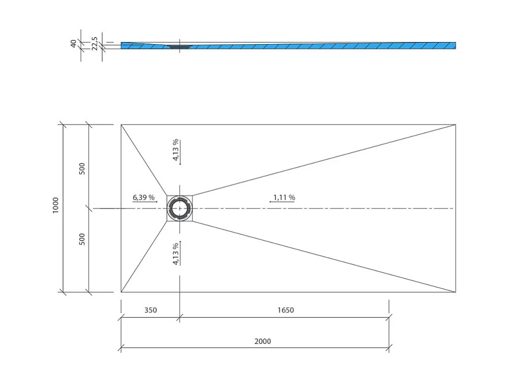 Receveur de douche à carreler 200 x 100 WEDI Fundo Primo rectangle écoulement excentré + bonde verticale